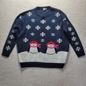 Navy Blue Penguin Snowflake Ugly Christmas Sweater XL